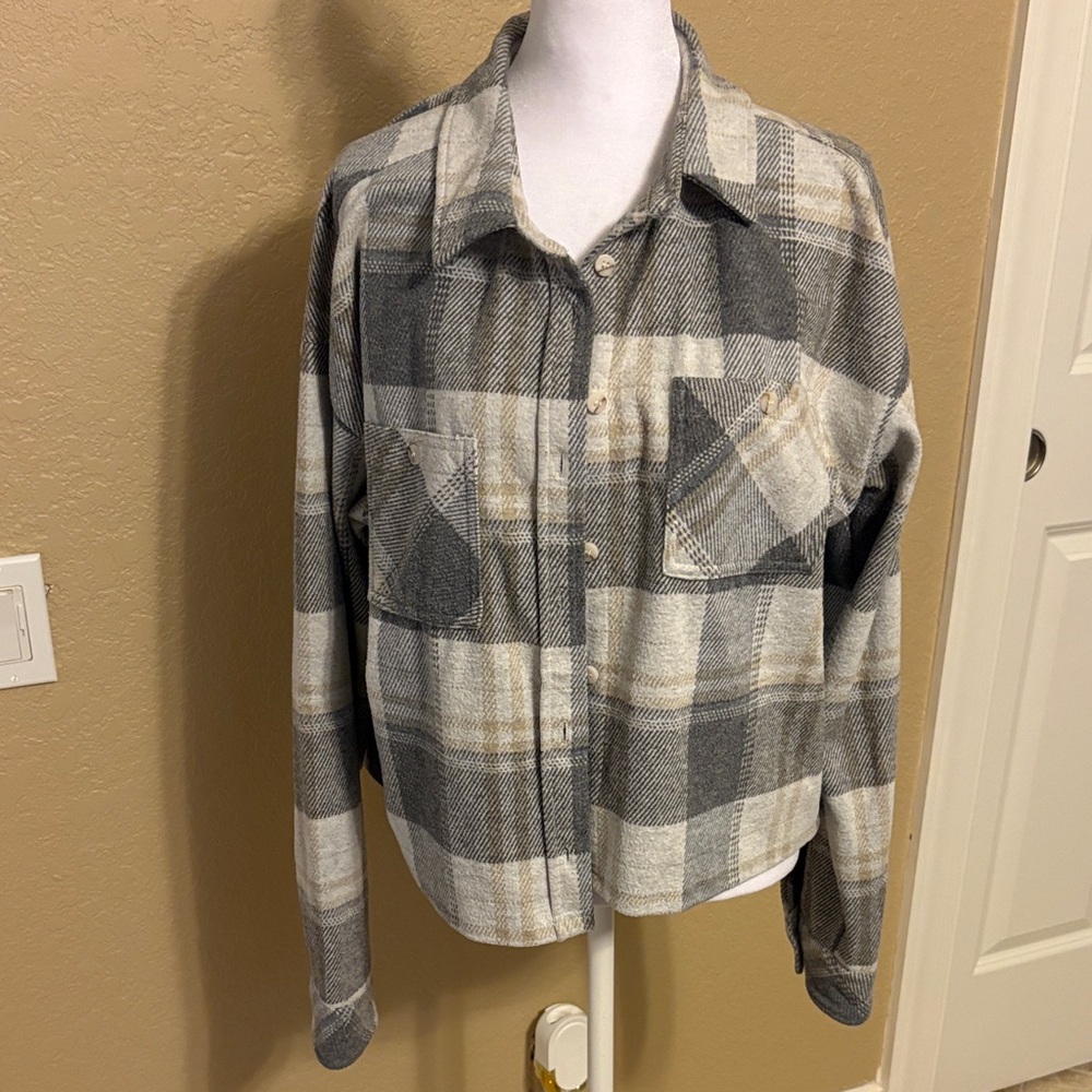 Thread & Supply Striped Cropped Flannel Shacket, Size‎ XL